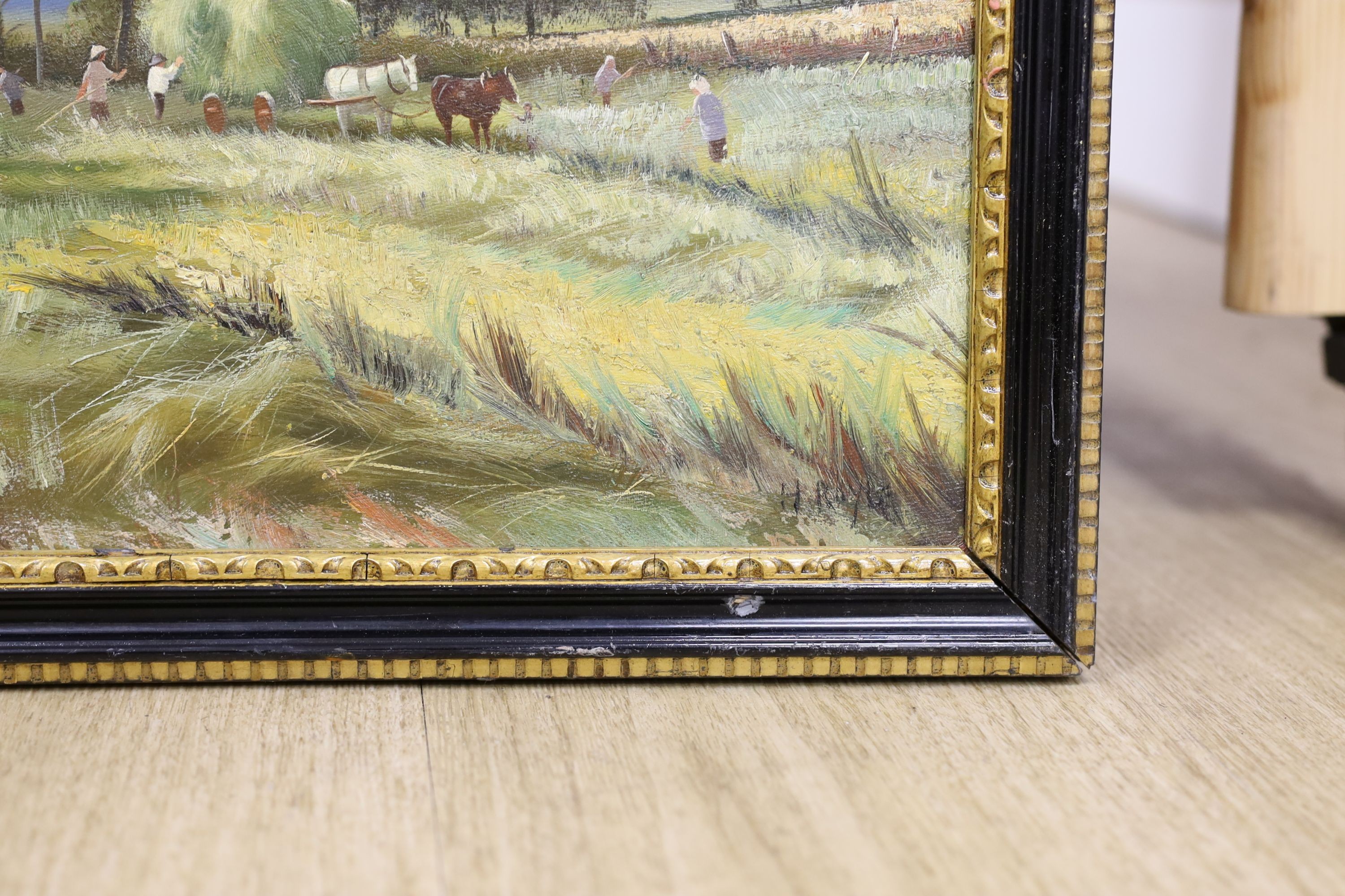 H. Royale, oil on board, Haymaking scene, signed, 36 x 43cm